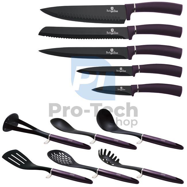 Set cuțite de bucătărie cu suport inox și ustensile de bucătărie, 12 piese PURPLE 20284
