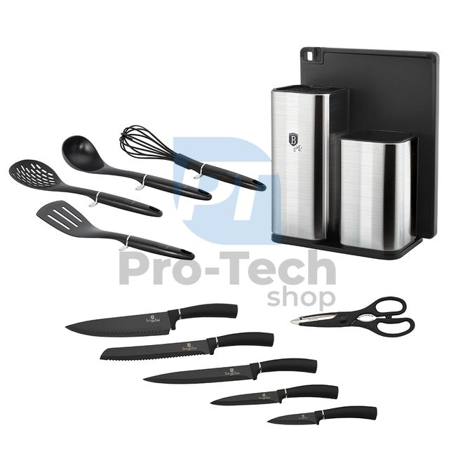 Set cuțite de bucătărie cu suport inox, ustensile de bucătărie și tocător, 12 piese BLACK- SILVER 20486